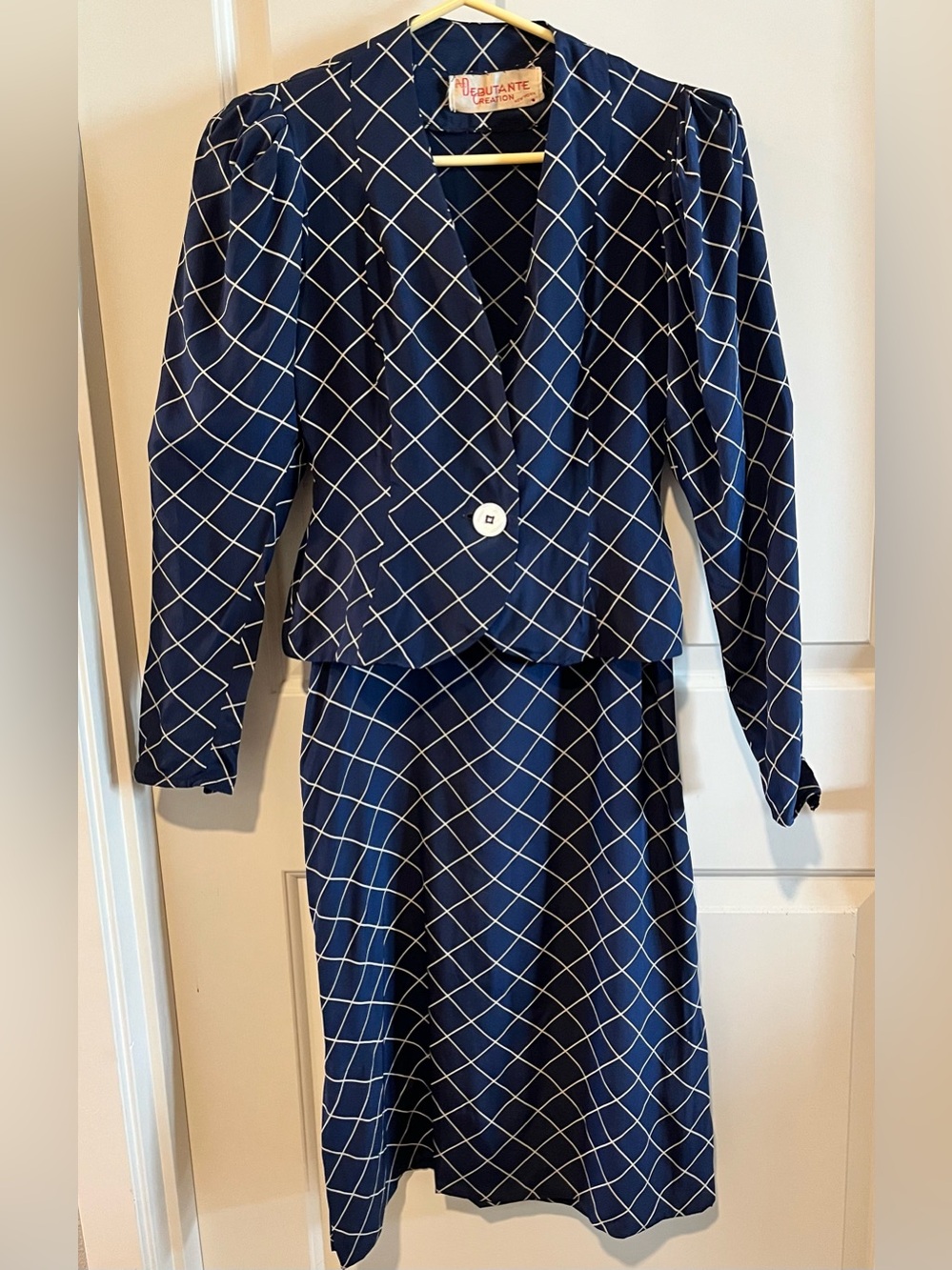 Vintage 1930s WW2 Wartime Navy and White Grid Long-Sleeve Dress with Jacket